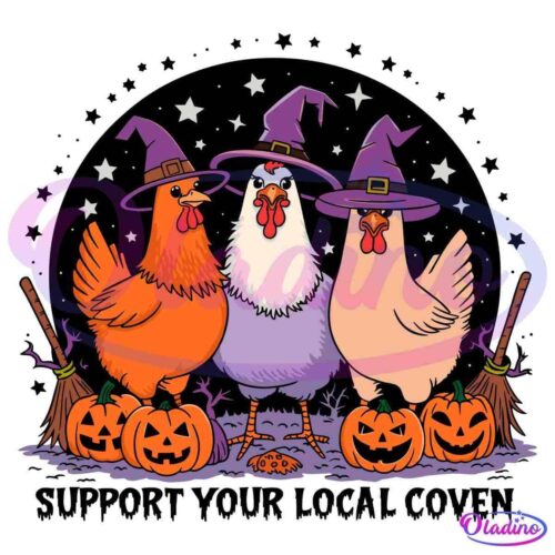 Three colorful chickens wear purple witch hats and stand among carved jack-o'-lanterns and broomsticks against a starry night background. Each chicken exhibits unique feather colors: one orange, one white, and one beige. The scene exudes a festive Halloween atmosphere.