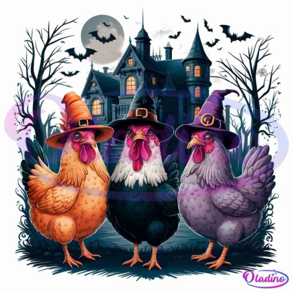 Three chickens dressed as witches with pointed hats stand in front of a spooky, haunted house. The house is surrounded by leafless trees and flying bats, with a full moon in the background. The chickens are orange, black and white, and lavender in color.