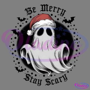 A cartoon ghost wearing a red Santa hat floats against a dark, circular background. The ghost has hollow eyes and an open mouth, giving it a spooky yet festive appearance.