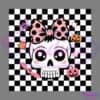 A cute cartoon skull with large eyes, blushing cheeks, and a pink bow with black polka dots on its head. Surrounding it are Halloween-themed elements: a purple spider, bat, pumpkin, yellow stars, and purple stars, set against a black-and-white checkered background.