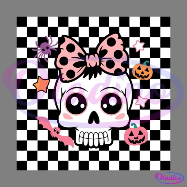 A cute cartoon skull with large eyes, blushing cheeks, and a pink bow with black polka dots on its head. Surrounding it are Halloween-themed elements: a purple spider, bat, pumpkin, yellow stars, and purple stars, set against a black-and-white checkered background.