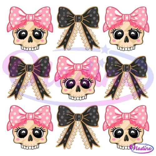 A pattern featuring cute skulls wearing pink bows with polka dots alternating with black bows with golden trimming on a black background. The bows and skulls are arranged in a grid format.