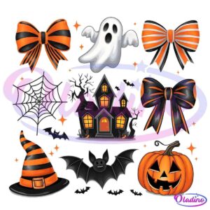 A Halloween-themed image featuring various icons: three black and orange striped bows, a ghost, two spider webs, a haunted house with a lit-up interior, a witch's hat, a smiling bat, and a carved jack-o'-lantern.