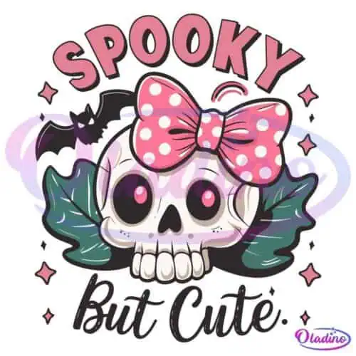 A cartoon skull with large eye sockets, a pink ribbon with white polka dots, and green leaves on either side. A black bat is flying nearby. The phrase "Spooky But Cute" is written above and below the skull in pink and black lettering.