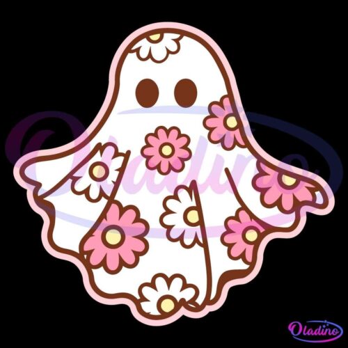 A cute ghost covered in a white sheet with pink and white flowers. The ghost has cartoonish black eyes and a smiling face. The outline of the sheet is pink, creating a cheerful and whimsical appearance.