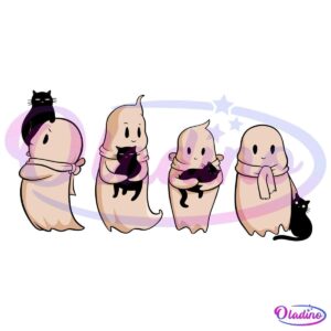 Four cute, smiling ghost figures wearing scarves stand in a row against a black background. Two of the ghosts are holding black cats, while one ghost to the far right is holding a scarf and appears to be waving. The second ghost from the left has a cat on its head.