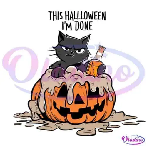 A grumpy black cat with a stern expression sits inside a melting jack-o'-lantern, holding a bottle resembling a beer. The jack-o'-lantern has an expressive, lopsided grin, and the scene has a humorous, Halloween-themed vibe.