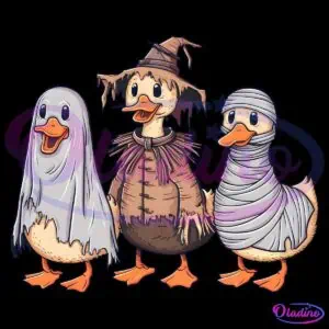 Three cartoon ducks in Halloween costumes stand side by side. The first duck is dressed as a ghost with a white sheet, the second as a scarecrow with a tattered hat and jacket, and the third as a mummy, wrapped in white bandages.