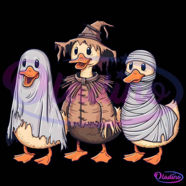 Three cartoon ducks in Halloween costumes stand side by side. The first duck is dressed as a ghost with a white sheet, the second as a scarecrow with a tattered hat and jacket, and the third as a mummy, wrapped in white bandages.