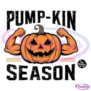 Illustration of a carved pumpkin with a smiling face, featuring muscular arms flexing at both sides. The pumpkin stem remains intact, and the background is plain.