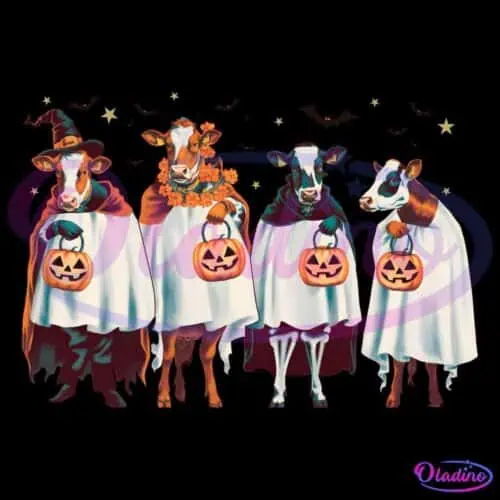 Four cows dressed in Halloween costumes hold pumpkin-shaped treat buckets. The first cow wears a witch hat, the second cow has a pumpkin garland, the third cow has a simple costume, and the fourth cow has a black mask. Bats and stars are in the background.