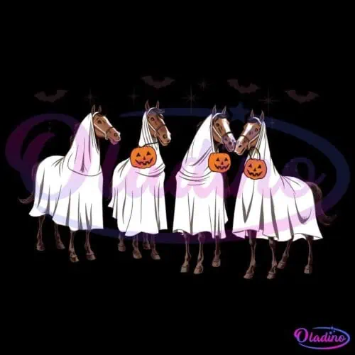 Four horses draped in white ghost costumes, holding jack-o'-lanterns in their mouths, stand against a black backdrop with bats and sparkles in the background. The scene has a playful Halloween theme.