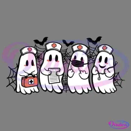 Four cartoon ghost nurses with nurse hats featuring red crosses, standing in a row. They hold medical items like a bag, clipboard, syringe, and stethoscope. Bats and cobwebs are in the background, with various medical supplies scattered on the ground in front of them.