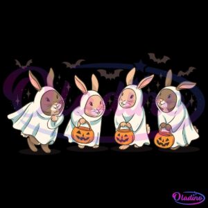 Four cute bunnies dressed in white ghost costumes holding jack-o'-lantern candy buckets stand in a row. They are against a dark background with flying bats and stars, creating a Halloween-themed scene.