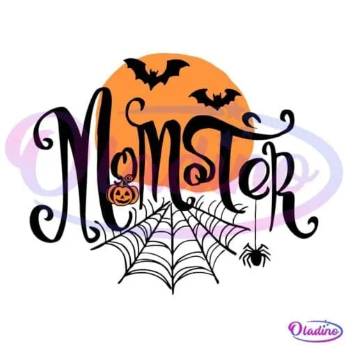 An illustration featuring a large, orange, full moon with black bats flying in front of it. The word "Monster" is written in a spooky font, with an O-shaped like a pumpkin with a green stem and an eerie face. The background is black.