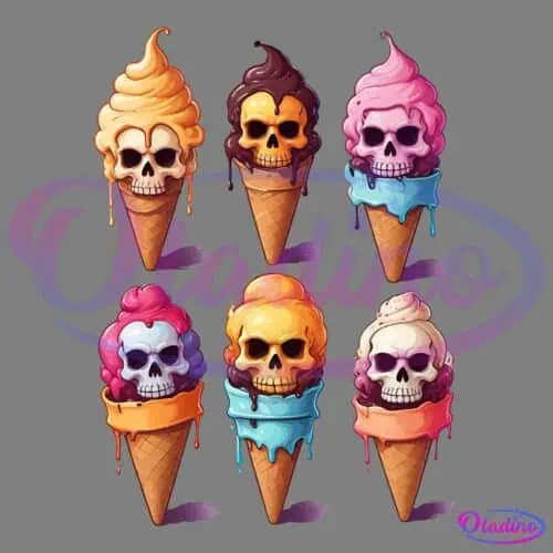 Illustration of six ice cream cones each with a colorful skull on top. Ice cream scoops in orange, brown, pink, red, yellow, and white with cones dripping in vibrant colors. The overall tone is a mix of whimsical and eerie.