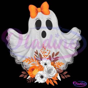 A cute ghost wearing an orange bow on its head holds a bouquet of autumn flowers, including orange and white blooms, against a black background. The ghost has large, expressive eyes and a surprised expression formed with black ovals.