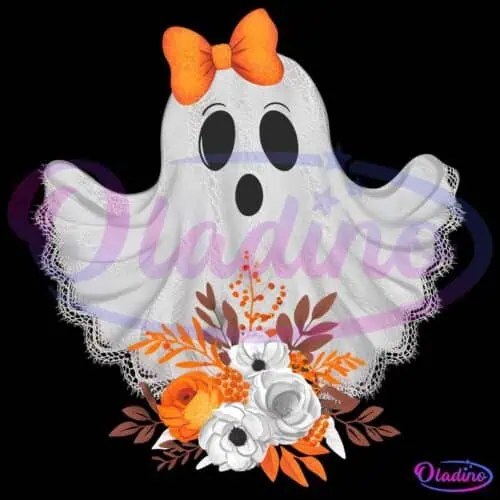 A cute ghost wearing an orange bow on its head holds a bouquet of autumn flowers, including orange and white blooms, against a black background. The ghost has large, expressive eyes and a surprised expression formed with black ovals.