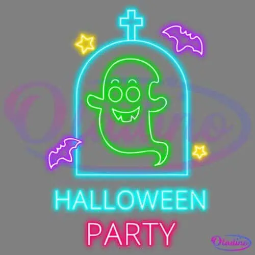 Bright neon sign showing a playful ghost inside a tombstone outline, surrounded by purple bats and yellow stars. The text "HALLOWEEN PARTY" appears below in vivid green and pink letters.