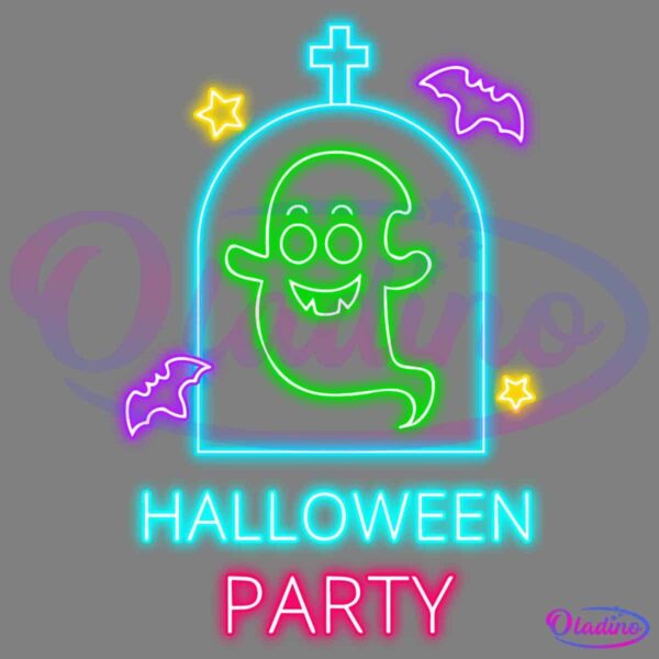 Bright neon sign showing a playful ghost inside a tombstone outline, surrounded by purple bats and yellow stars. The text "HALLOWEEN PARTY" appears below in vivid green and pink letters.