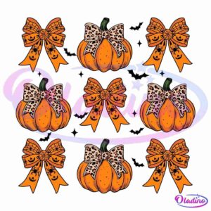 A grid of nine orange pumpkins each decorated with a bow. The bows alternate between leopard print and ribbons with small jack-o'-lantern designs on them. The background is black.