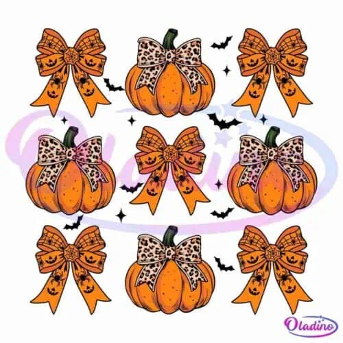 A grid of nine orange pumpkins each decorated with a bow. The bows alternate between leopard print and ribbons with small jack-o'-lantern designs on them. The background is black.