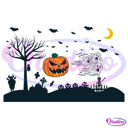 A spooky Halloween scene with a large carved pumpkin, surrounded by three flying ghosts, bats, and a crescent moon in the sky. Below, there's a bare tree, a bat, a bull, gravestones, smaller pumpkins, and a skeleton near a picket fence.