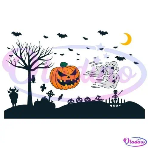 A spooky Halloween scene with a large carved pumpkin, surrounded by three flying ghosts, bats, and a crescent moon in the sky. Below, there's a bare tree, a bat, a bull, gravestones, smaller pumpkins, and a skeleton near a picket fence.