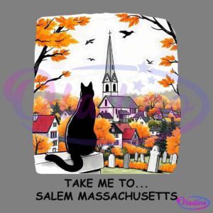 A black cat sits on a tombstone overlooking a picturesque village with colorful autumn foliage, a flock of birds, and a tall church steeple in the background. Gravestones are visible in the foreground.