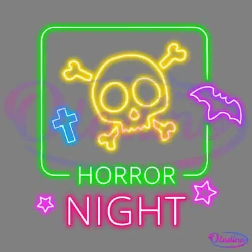 A colorful neon sign featuring a yellow skull with crossbones inside a green square, a blue cross on the left, a purple bat on the right, and pink stars below. The words "Horror Night" are illuminated in green and pink below the skull.