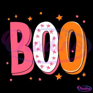 Colorful Halloween-themed text image with the word "BOO" in bold letters. The "B" is pink, the "O" in the middle is white with pink stars, and the final "O" is orange. Small stars and confetti surround the text, all set against a black background.