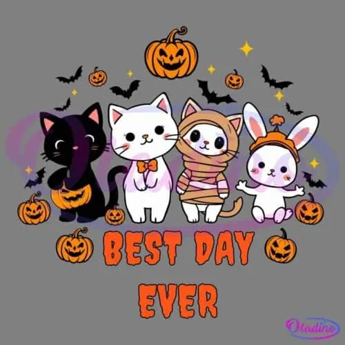 Four cute cats dressed in Halloween costumes stand side by side. The first is in a black cat costume holding a pumpkin, the second wears a bow tie, the third is wrapped like a mummy, and the fourth wears bunny ears. The text "best d a day ever" is at the bottom.