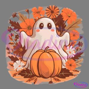 A cute ghost with blushing cheeks stands behind a large pumpkin. The background is adorned with an array of orange and white flowers and autumn leaves, creating a festive and whimsical Halloween scene.