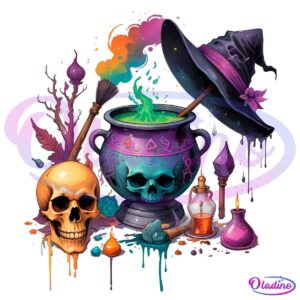 A colorful and mystical Halloween-themed illustration featuring a bubbling cauldron with green potion, a witch's hat, a skull, potions, candles, and a broomstick. The scene is adorned with vibrant splashes of color and magical elements, creating an enchanting atmosphere.