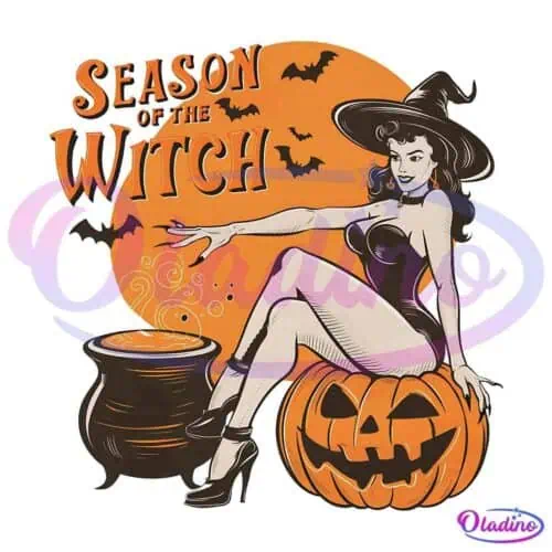 Vintage Halloween illustration featuring a witch in a black dress and hat, seated on a carved pumpkin. A bubbling cauldron is beside her, with bats flying against an orange moon background. Text at the top says "Season of the Witch.