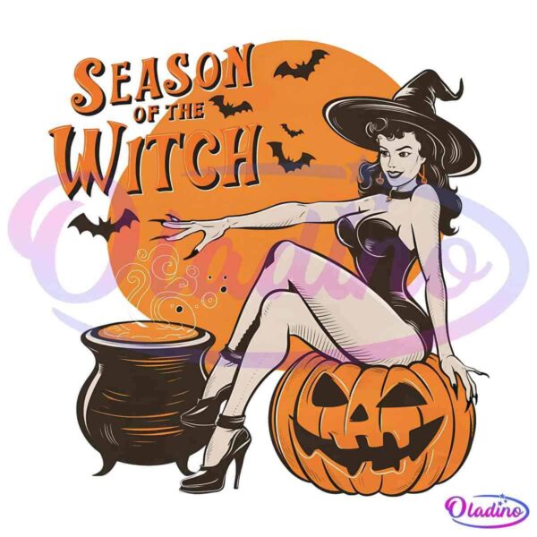 Vintage Halloween illustration featuring a witch in a black dress and hat, seated on a carved pumpkin. A bubbling cauldron is beside her, with bats flying against an orange moon background. Text at the top says "Season of the Witch.