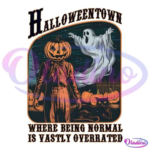 A Halloween-themed illustration featuring a scarecrow with a pumpkin head, a ghost, pumpkins, a black cat, and a spooky background. Text reads "Halloweentown" at the top and "Where being normal is vastly overrated" at the bottom.