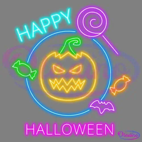 Bright neon sign featuring a central jack-o'-lantern with a mischievous grin, surrounded by various candies, a bat, and a lollipop. "Happy Halloween" is written in glowing blue and purple letters at the top and bottom respectively.