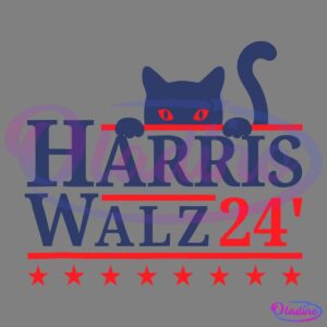 Campaign logo featuring a blue cat with red eyes peeking over the top of the text "HARRIS WALZ 24'", with "24'" in red. Underneath the text are seven red stars. The design combines blue and red colors.