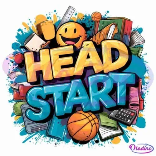 The image features the words "HEAD START" in bold, colorful letters surrounded by various school-related items, including books, a basketball, a calculator, pencils, and a smiley face. The background has a vibrant, splattered paint design.