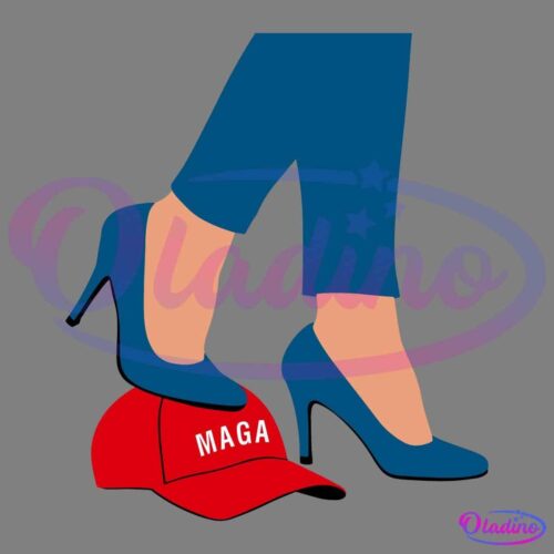 Illustration of a person in blue pants and blue high heels stepping on a red MAGA hat.