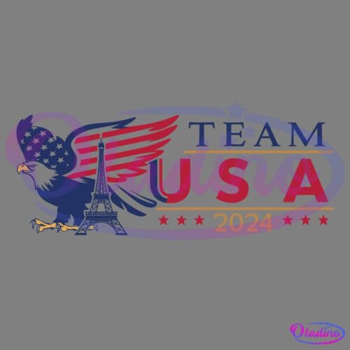 A logo with a stylized eagle featuring red and blue wings adorned with stars and stripes, alongside an illustration of the Eiffel Tower. The text "TEAM USA" is written in bold letters, with "2024" below it, and a row of stars at the bottom.