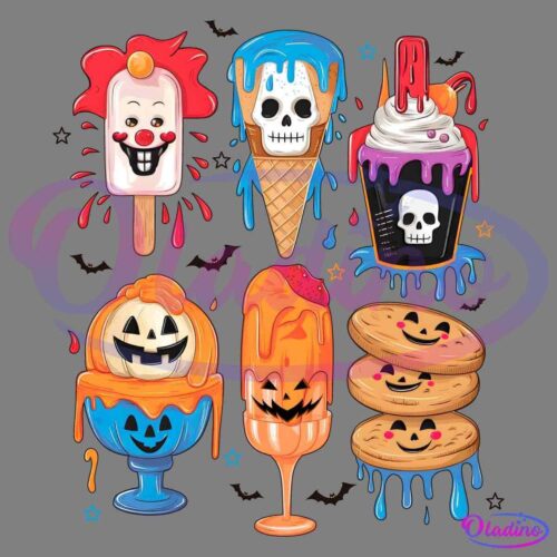 A colorful cartoon illustration features Halloween-themed desserts. These include a clown ice pop, a skull ice cream cone, a whipped cream cup with a skull, pumpkin sundaes with orange topping, a monster ice pop, and three stacked skull cookies. Bats and stars adorn the background.