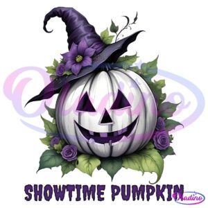 A white pumpkin with a classic carved jack-o'-lantern face, wearing a purple witch hat adorned with flowers and leaves, is surrounded by green foliage and purple roses. Text beneath the pumpkin reads "SHOWTIME PUMPKIN.