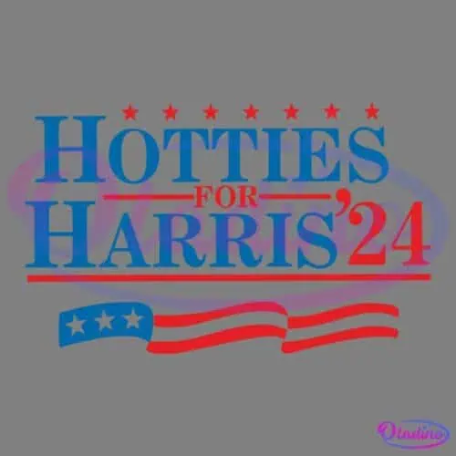 A campaign-style logo reads "Hotties for Harris'24" in blue and red text with red stars above the words. A red, white, and blue wavy banner with three stars appears below the text.