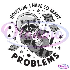 A black and white illustration of a raccoon floating in space wearing an astronaut suit. The raccoon is surrounded by stars and several planets of varying sizes.