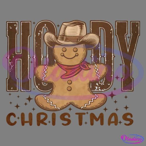 A gingerbread man wearing a cowboy hat and a red bandana stands in front of the word "Howdy." The background is black with star accents, and below the gingerbread man, the text reads "Christmas" in a festive font.