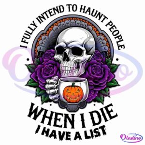 An illustration of a skull holding a cup with a pumpkin design, surrounded by purple roses and green leaves. The detailed and vibrant design contrasts against a dark background, creating a striking and eerie Halloween-themed image.