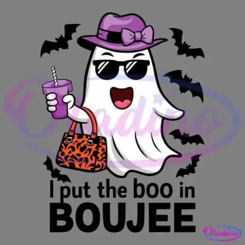 A cheerful ghost wearing a purple hat with a bow and black sunglasses is holding a purple drink with a straw and a stylish orange handbag. The ghost has a big smile and a playful expression. The background is plain black.