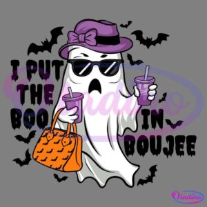 A ghost wearing a purple hat with a bow and black sunglasses is holding two purple drinks. It also has an orange handbag with a bat pattern. The background is black.